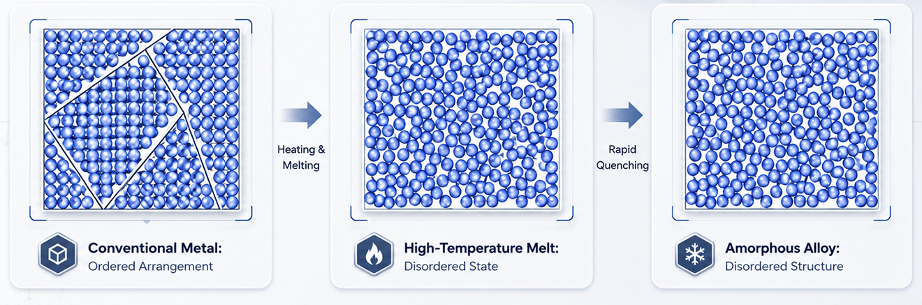 Advanced materials diagram showing conventional metal, high-temperature melt and amorphous alloy atomic structures