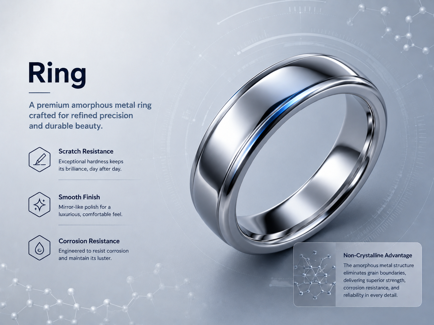 Premium amorphous metal ring with scratch resistance and corrosion resistance